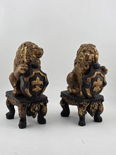 Pair Antique Carved Wood Heraldic Lions Bookends Fleur-de-Lis Shield Gold &Black