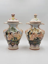 Vintage Set Of 2 Capodimonte Italy Porcelain Cherrubs Handpainted Lidded Urns.