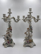 Rare 19th C Antique Pair Schierholz Dresden Porcelain Cherub Floral Candelabras