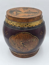 Antique Asian Hand Painted Rice Barrel Wooden Lidded Storage Bucket Bird Pagoda