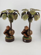 VTG Pr. PETITES CHOSES Monkey Palm Tree Hand Painted Metal TOLEWARE Candlesticks