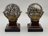 Rare Pair Of Antique Massive 6" Crystal Ball On Brass Leaves Bookends / Decor.