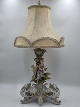 Rare Antique German Dresden Porcelain Figural Lamp Lady Cherub Swans 29"
