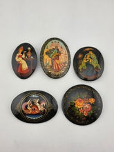 Rare Set Of 5 Vintage Hand Painted Brooch Pins Black Lacquer Russian Folk Art