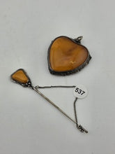 Rare Antique Set Of Natural Baltic Amber Floral Hat Pin &Pendant Sterling Silver