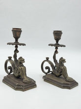 Antique Pair Solid Bronze Griffin Candlesticks Renaissance Revival Winged Lions