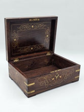RARE ANTIQUE 19th C COLONIAL ROSEWOOD & FULL BRASS INLAY JEWELRY BOX.