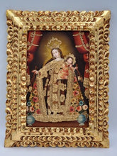 Gorgeous Estilo cuzqueño Painting "Red Madonna & Child " In Golden Wooden Frame.