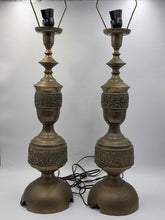 Vintage 1950's Brass Table Lamp Pair James Mont Style Mid Century Modern Etched.
