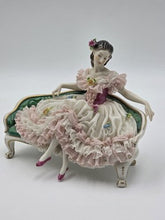 Antique German Dresden Lace Porcelain Lady on Settee Sofa Figurine Germany