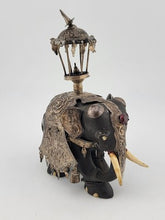 Rare Antique Indian Ebony Silver Overlay Jeweled Elephant W Real Ruby Stone.