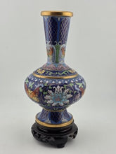 Rare Vintage Chinese Cloisonne Enamel Butterfly Floral Vase w Wood Stand Blue