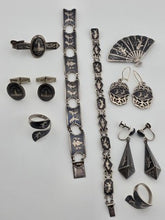Rare Antique 1940s Siam Sterling Silver Niello Jewelry His And Hers Complete Set