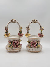 Rare Vintage Pair CAPODIMONTE Vase Water Well Multicolored Flowers 6"x12" Italy.