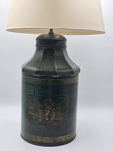ULTRA RARE 19TH C. HAND PAINTED ENGLISH CHINOISERIE GREEN TOLE TEA CANISTER LAMP