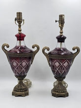 Pair Bohemian Ruby Red Crystal Lamp, Cut-to-Clear Czech Glass, Hollywood Regency