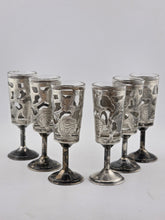 SET Of 6 MID-CENTURY MEXICO STERLING SILVER 3.5" PIERCED CORDIALS, GLASS LINERS