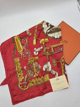 Vintage Authentic HERMES Paris 90 cm “Copeaux” Red Gold 100% Silk Scarf W Box.