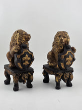 Pair Antique Carved Wood Heraldic Lions Bookends Fleur-de-Lis Shield Gold &Black