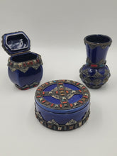 Vtg Mid Century Moroccan Berber Style Cobalt Ceramic Box Vase Metal Inlay Set