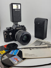 Nikon EM Film Camera + Series E Zoom 36-72mm F/3.5 Lens + Speedlight SB-E Flash