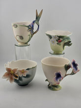Set Of 4 FRANZ Porcelain Teacup Sculptural Floral Art Cups Hummingbird Ladybug