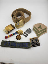 Lot Of WW2 & Vietnam War Belt, Buckles, Sterling Silver Marksman Medal & Patches
