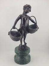 Antique Suzanne Bizard 1873 - 1963 Bronze Sculpture - Girl with Baskets 11 1/2"