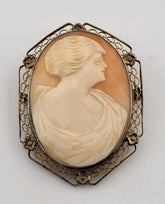 Vintage Art Deco Sterling framed portrait carved shell pendant brooch 1&1/2inch