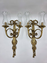 Pair Vintage Louis XVI Style French Ormolu Brass Wall Sconces w/ Etched Glass.