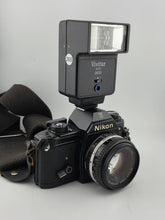 Vintage 70's Nikon EM 35mm Film Camera + 50mm f1.8 Lens + Vivitar Flash Untested