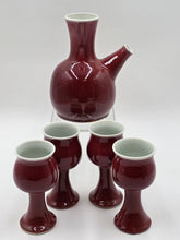 Vintage 1982 Studio Art Porcelain JS Cummings Red Pitcher & 4 Glasses Signed.