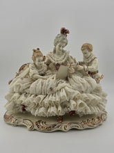 Large Dresden Art Germany Lace Porcelain Figurine Lady w Children W Sofa Reading