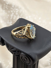 Antique 14K Solid Gold Blue Topaz Marquise Ring Filigree Estate Size 8 W Box.