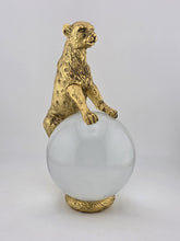 Vintage 1970's Brass Leopard Figural Sculpture w Clear Glass Orb Regency Decor.