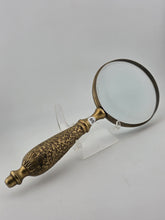 Vintage Mid Century Modern Brass Hand Held Magnify Glass W/ Ornate Handle.