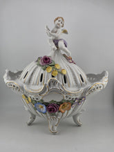 Antique Von Schierholz German Oval Reticulated Footed Bowl Lid & Figured Cherub