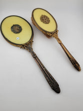 ANTIQUE 19th C Victorian 2-PIECE HANDHELD BRASS MIRROR & BRUSH SET Yellow Enamel