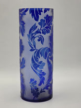 Rare Large 13” Cobalt Blue Cameo Art Glass Vase Frosted Etched Floral Overlay