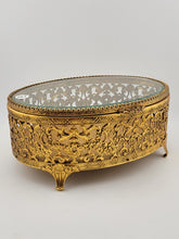 Vintage 1950s Hollywood Regency Ormolu Jewelry Casket Beveled Glass Filigree Box