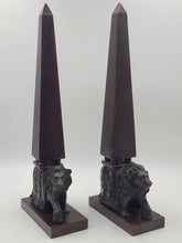 Rare 21" Wildwood Accents Bronze Lion Wood Obelisk Bookends Pair Neoclassical