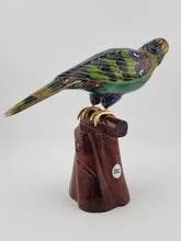 RARE BEAUTIFULLY COLORED CLOISONNE BIRD (PARAKEET) W WOODEN STAND. 7 Inch Wide.
