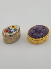 Vintage Pair Of Decorative Pill Boxes Micro Mosaic & Purple Glass Gilt Brass