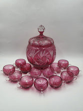 Rare 1940's Vtg Bohemian Cranberry Cut to Clear Crystal Punch Bowl Set w/13 Cups