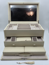 Vintage XL Pottery Barn 4 Level Jewelry Box Organizer Cream Case W Mirror & Key.
