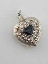 Antique 19th C Sterling Silver Pefume Bottle Heart Pendant Black Stone Inlay