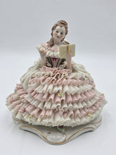 Vintage M.Z. Ireland Dresden Lace Porcelain Figurine Lady Reading Book Seated
