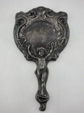 Antique Art Nouveau Silver Cupid Cherub Angel Figural Hand-Held Vanity Mirror