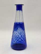 Bohemian Cobalt Cut to Clear Crystal Vase 10” Starburst Fan Pattern Vintage