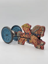 1940'S PULL TOY COWBOY ON HORSE Wood Metal Wheels Gong Bell Mfg.Co.